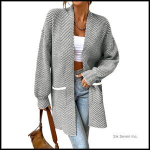 Chunky Knit Chevron Cardigan Open Front Long Sleeve Cozy Fall Sweater